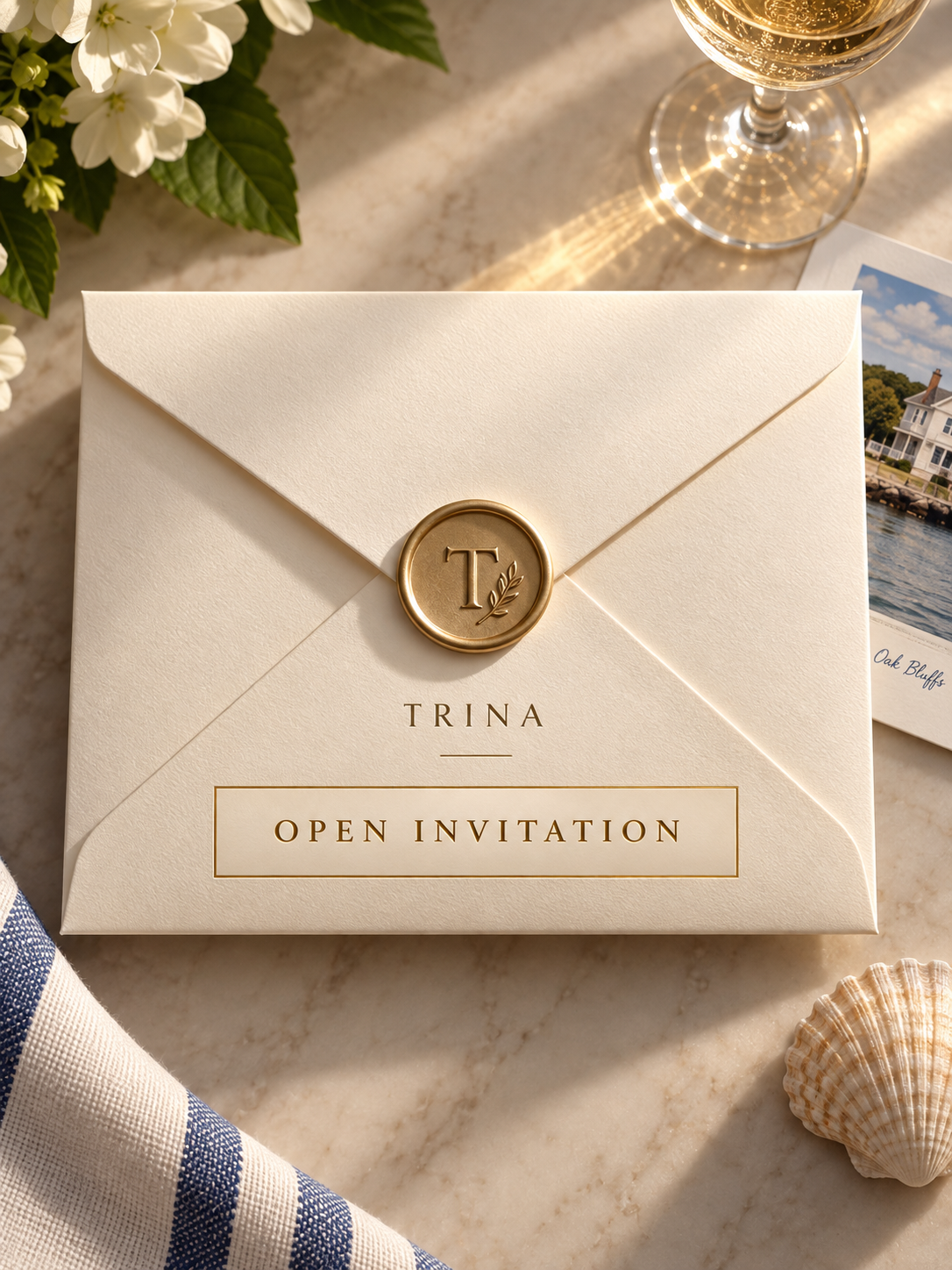 Elegant ivory invitation envelope for Trina's Martha's Vineyard trip